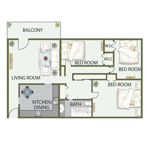 Floor plan for 3 beds, 1 bath, 1650 sqft