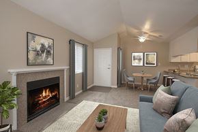 Lodi apartment for rent - Living room and dining area with fireplace