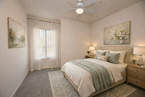 Carmichael apartment for rent - Bedroom with ceiling fan and nightstands at Winding Commons Senior Living Apartments, Carmichael, California