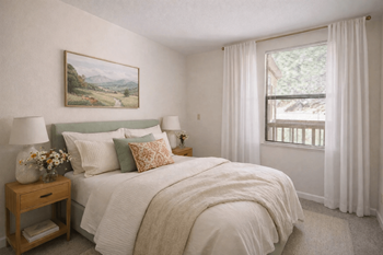 Bedroom with sage headboard and white linens