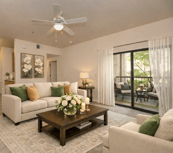 Room with balcony access and ceiling fan