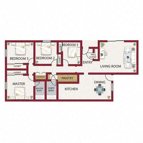 Floor plan for 4 beds, 2 baths, 1480 sqft