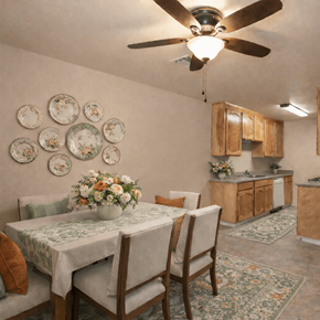 Atwater apartment for rent - Dining area with decorative plates and kitchenette at Castle Vista Senior Duplex Community Apartments, Atwater