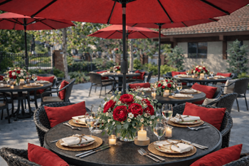 Outdoor patio dining with red umbrellas and table settings