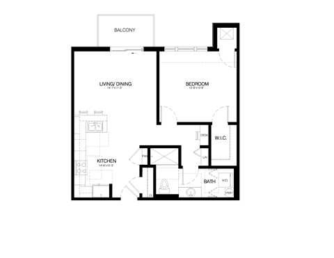 Floor plan for 1 bed, 1 bath, 810 sqft