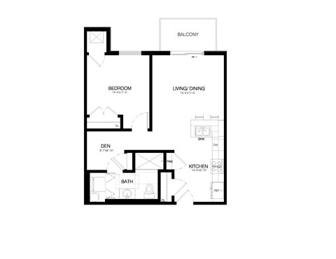 Floor plan for 1 bed, 1 bath, 683 sqft