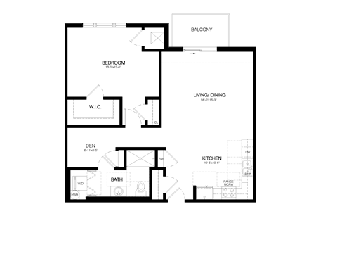 Floor plan for 1 bed, 1 bath, 966 sqft