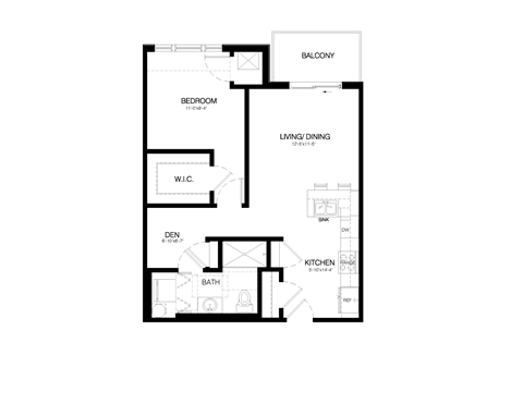 Floor plan for 1 bed, 1 bath, 722 sqft