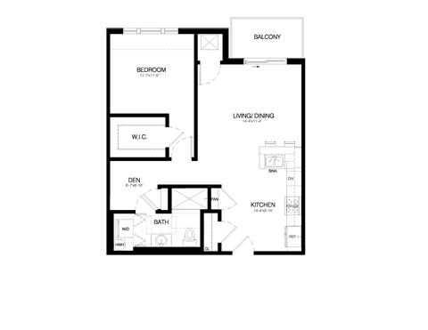 Floor plan for 1 bed, 1 bath, 800 sqft