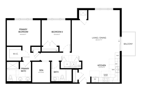 Floor plan for 2 beds, 2 baths, 1359 sqft