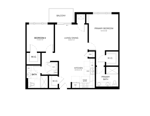 Floor plan for 2 beds, 2 baths, 1095 sqft