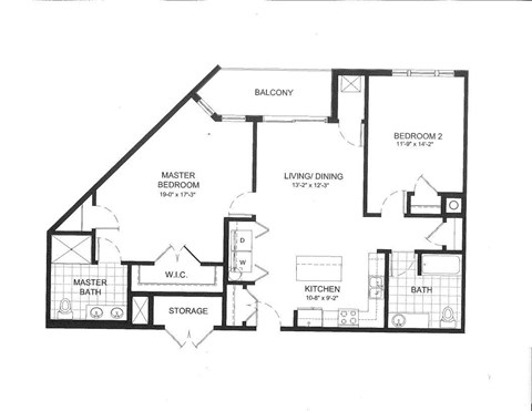 Floor plan for 2 beds, 2 baths, 1304 sqft