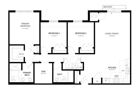 Floor plan for 3 beds, 2 baths, 1517 sqft