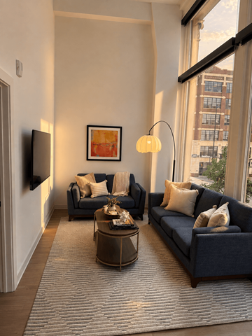 Cincinnati apartment for rent - A living room with a dark blue couch, a coffee table, and a painting on the wall.
