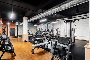 A gym with cardio equipment and weights on a wooden floor