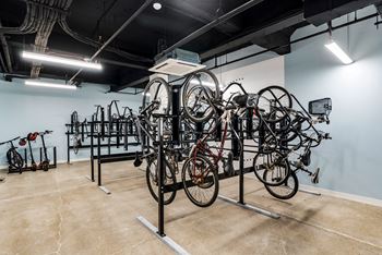 A room with several bikes on display in a rack