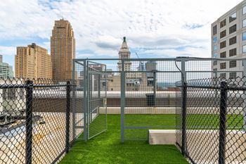 A view of the city from the roof of a building behind a fence
