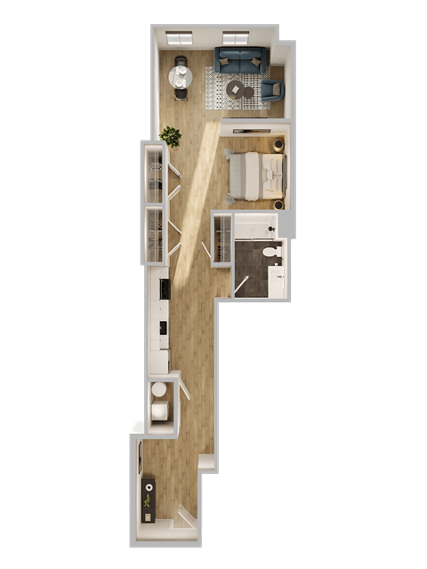 Floor plan for studio, 1 bath, 678 sqft