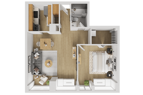 Floor plan for 1 bed, 1 bath, 729 sqft