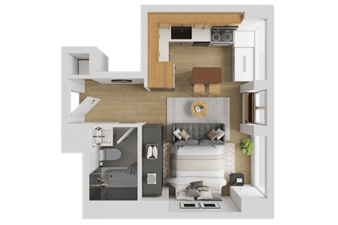 Floor plan for studio, 1 bath, 383 sqft