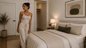 Cincinnati apartment for rent - A woman in a white dress stands in a bedroom with a large bed and a painting on the wall.