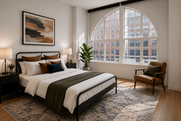 Cincinnati apartment for rent - A bedroom with a large bed and a large window overlooking a cityscape.