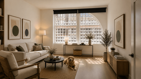 Cincinnati apartment for rent - A dog is sitting on a rug in a living room with a couch, chair, and two framed pictures on the wall.