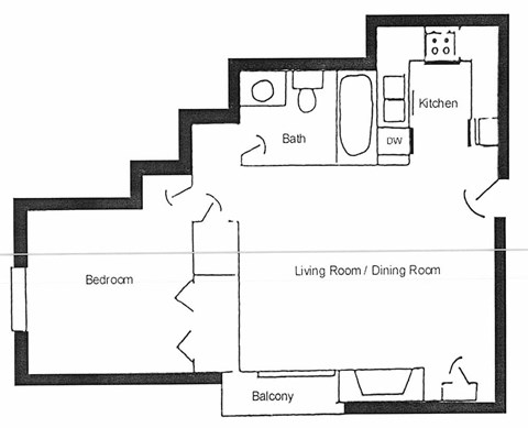 Floor plan for 1 bed, 1 bath, 640 sqft