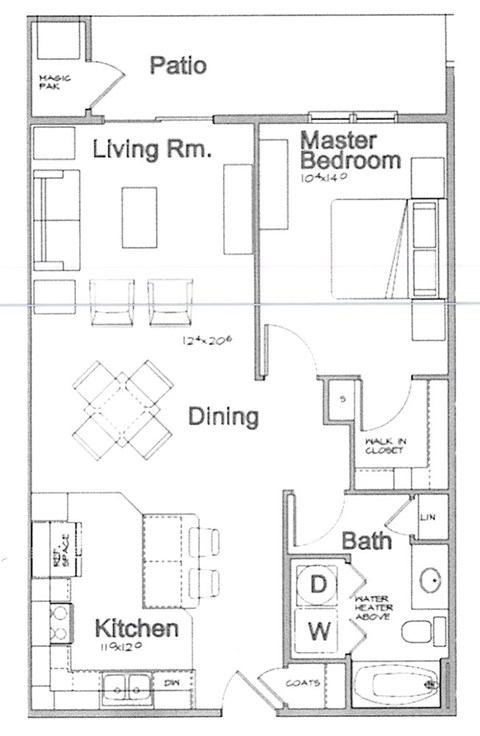 Floor plan for 1 bed, 1 bath, 800 sqft