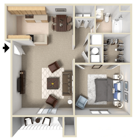 Floor plan for 1 bed, 1 bath, 801 sqft