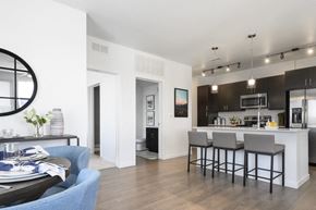Denver apartment for rent - a living room and kitchen with a table and chairs