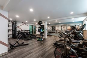 Los Angeles apartment for rent - a gym with treadmills and other exercise equipment on a wooden floor