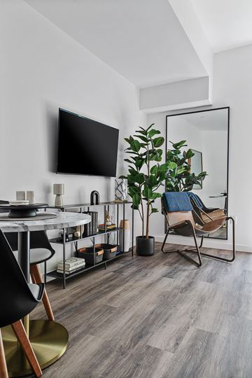 Los Angeles apartment for rent - A modern living room with a black chair and a grey table.
