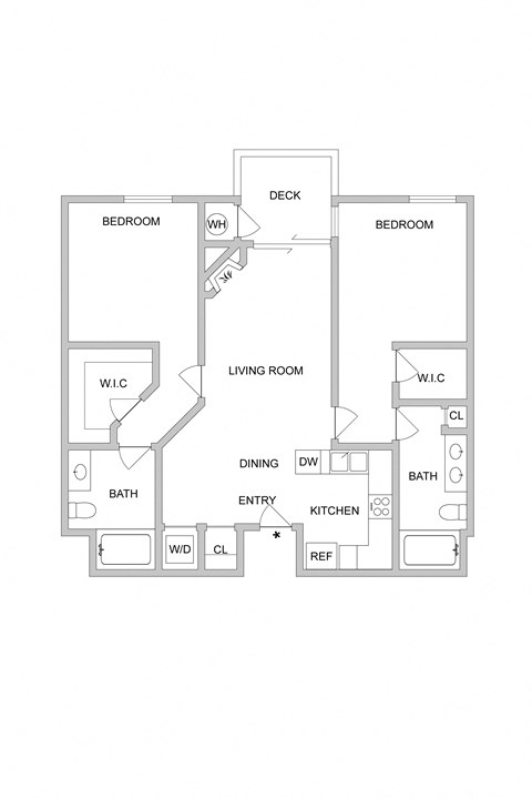 Floor plan for 2 beds, 2 baths, 1086 sqft