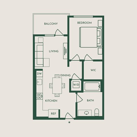Floor plan for 1 bed, 1 bath, 582 sqft