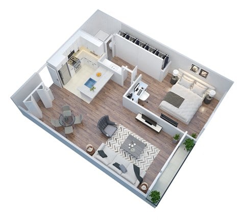 Floor plan for 1 bed, 1 bath, 670 sqft