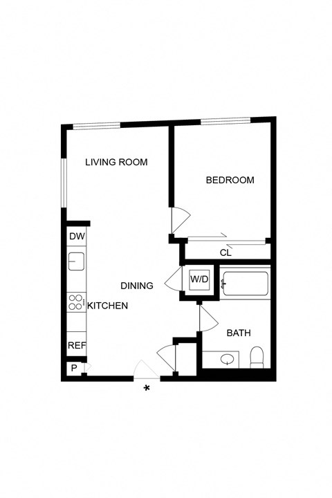 Floor plan for 1 bed, 1 bath, 635 sqft