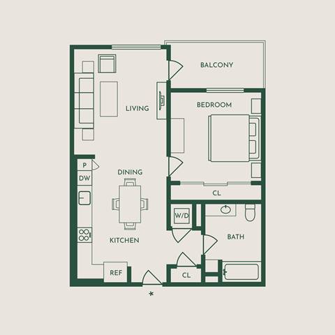 Floor plan for 1 bed, 1 bath, 703 sqft