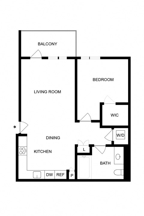 Floor plan for 1 bed, 1 bath, 722 sqft