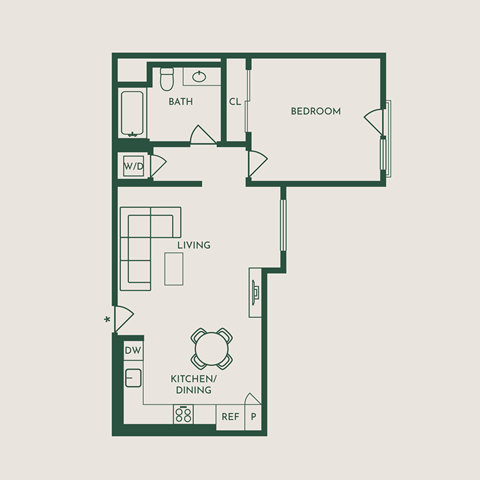 Floor plan for 1 bed, 1 bath, 723 sqft