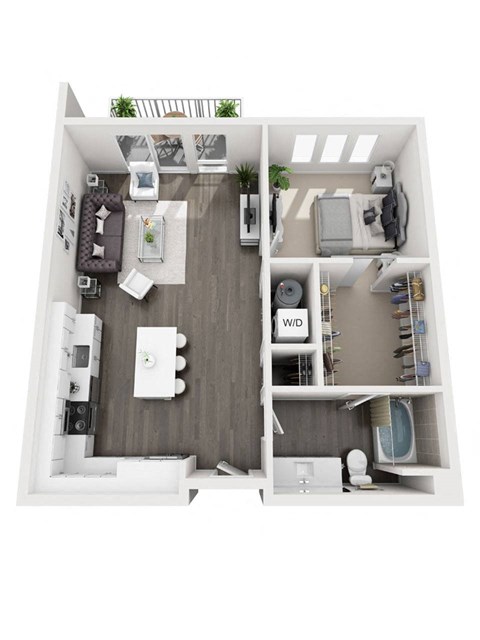 Floor plan for 1 bed, 1 bath, 799 sqft