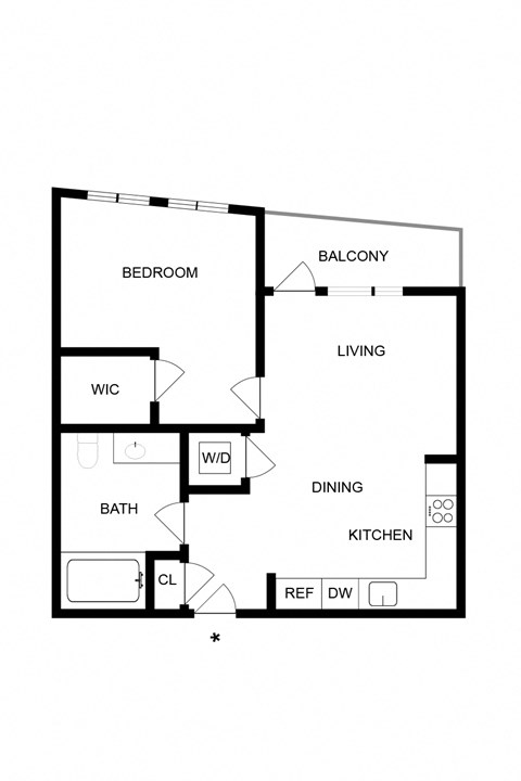 Floor plan for 1 bed, 1 bath, 604 sqft