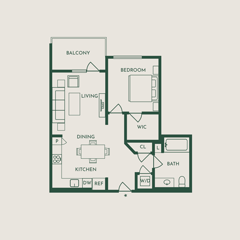 Floor plan for 1 bed, 1 bath, 677 sqft