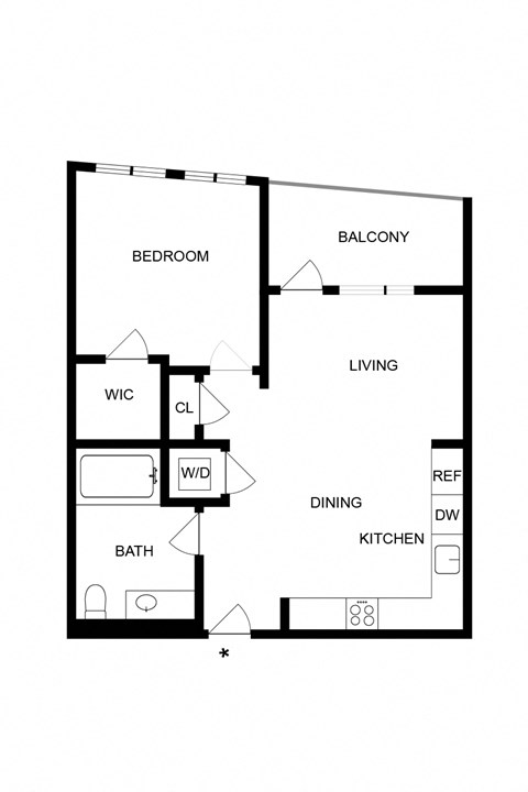Floor plan for 1 bed, 1 bath, 616 sqft