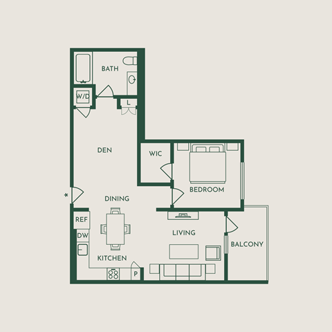 Floor plan for 1 bed, 1 bath, 791 sqft