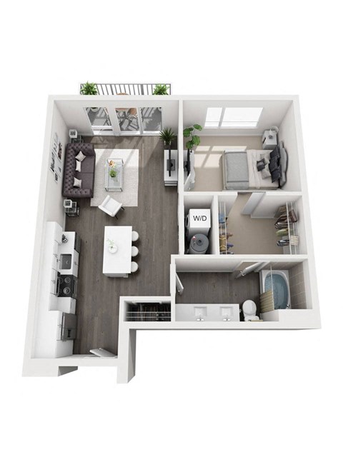 Floor plan for 1 bed, 1 bath, 725 sqft