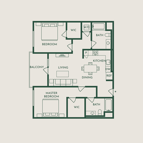 Floor plan for 2 beds, 2 baths, 1060 sqft