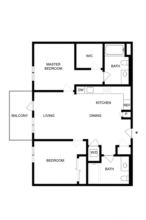 Floor plan for 2 beds, 2 baths, 973 sqft