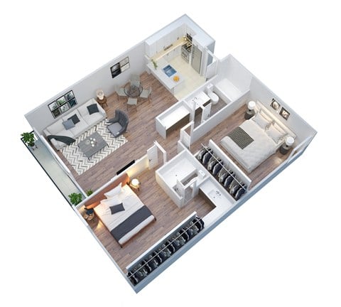 Floor plan for 2 beds, 2 baths, 961 sqft