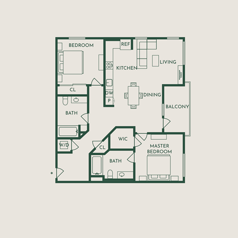 Floor plan for 2 beds, 2 baths, 1111 sqft